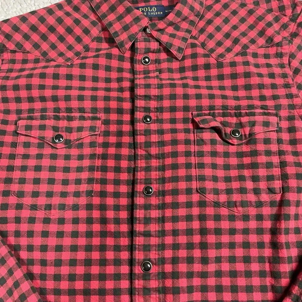 Polo Ralph‎ Lauren Shirt Mens Medium Red Black Gingham Pearl Snap Western Cowboy